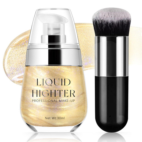 Noerrors Shimmer Body Oil Glow Luminizer Liquid Face Highlighter Brighten Waterproof Longlasting Moisturizing Glitter Shimmering Illuminator Glow Non-Sticky Body Bronzer Spray Makeup with Brush-Gold