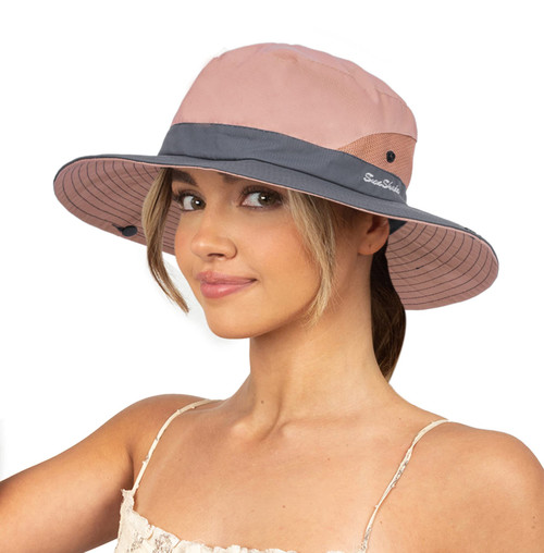 Sun Hat for Women Summer UV Protection Beach Hat Wide Brim Mesh Bucket Fishing Hat with Ponytail Hole Foldable Packable Hat Pink