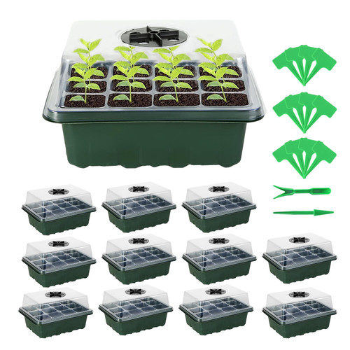 Kosrtuny 12 Packs Seed Starter Tray with Humidity Dome (144 Cells) Tray Seedling Kits Seed Starting Trays Seed Growing Starting Plant Starter Clear Plastic Plant Germination Trays and Base