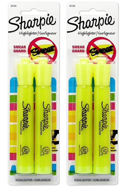 Sharpie 25162PP Accent Tank-Style Highlighter, Fluorescent Yellow, 2 Blister Packs of 2 Highlighters Each for a Total of 4 Highlighters, Large Ink Supply, Chisel Tip, SmearGuard Ink Technology