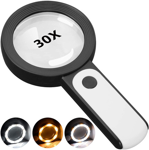 Magnifying Glass 30X Double Glass Lens Handheld Illuminated Magnifier Reading Magnifying Glass for Seniors Reading, Coins, Stamps, Map, Inspection, Macular Degeneration Book Magnifier with 12 LED Magnifying Glass 30X Double Glass Lens Handheld Illuminated Magnifier Reading Magnifying Glass for Seniors Reading, Coins, Stamps, Map, Inspection, Macular Degeneration Book Magnifier with 12 LED