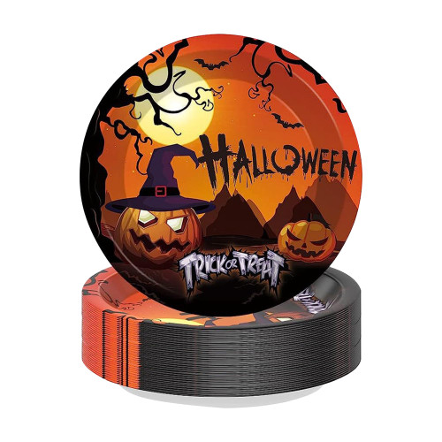 Heyiminy 24Pcs Halloween Plates - 7 Inch Halloween Paper Plates - Disposable Orange and Black Paper Dinner Plates - Halloween Tableware Dinnerware Decorations for Halloween Kitchen Party Supplies