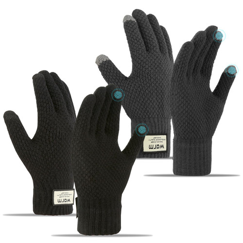 Abeillo 2 Pairs Women's Winter Warm Touchscreen Gloves, Thermal Knit Soft Fleece Lined Gloves Elastic Cuff Winter Texting Gloves (Black+Grey)