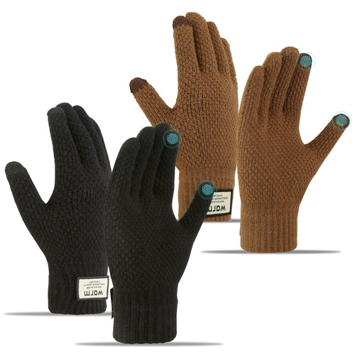 Abeillo 2 Pairs Women's Winter Warm Touchscreen Gloves, Thermal Knit Soft Fleece Lined Gloves Elastic Cuff Winter Texting Gloves (Black+Brown)