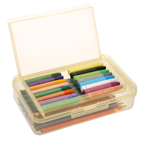 BTSKY Double Deck Pencil Box with Lids Plastic Storage Box for Pencils Clear Art Supply Organizer Box Large Capacity Storage Case for Pens, Crayons, Sticky-notes, Paper Clips (Clear Yellow)