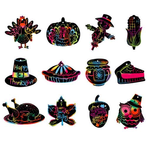 D24TIME Thanksgiving Rainbow Scratch Art Fall Paper Crafts for Kids 24PCS Thanksgiving Activities Art Craft Pumpkin Turkey Hanging Ornament Decorations for Thanksgiving Party Home Tree Classroom Decor