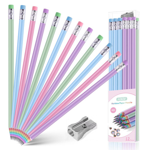 Ainiv 12PCS Eco-friendly Wood & Plastic Free Recycled Rainbow Paper Pencils #2 HB Pencils Number 2 Pencils Erasers Toppers with Pencil Sharpener, Macaron Colored Pencils for School and Office Supplies