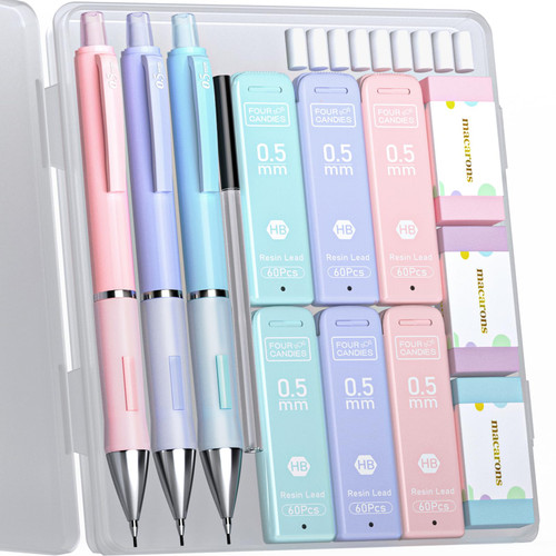 Four Candies Pastel Mechanical Pencil Set, Cute Colored - 3PCS 0.5mm Mechanical Pencils with 360PCS HB Lead Refills, 3PCS Erasers and 9PCS Refills for Drawing & Writing