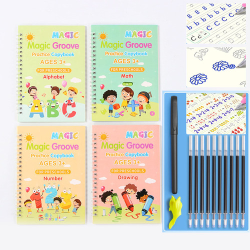 UN UNITEDTIME Grooved Handwriting Book Practice, Magic Practice Copybook for Kids, Reusable Handwriting Practice Book for Kids, Calligraphy Copybook for Preschoolers (4books+Pens)