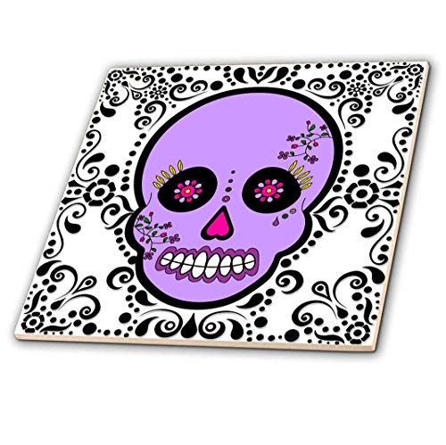 3dRose ct_28868_1 Day of The Dead Skull Dia De Los Muertos Sugar Skull Purple White Black Scroll Design-Ceramic Tile, 4-Inch