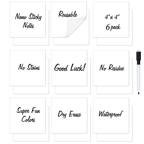 Zayvor 6 Dry Erase Sticky Notes 4 x 4 Inch, Reusable Washable Mini Whiteboard Stickers Squares, Black Dry Erase Markers with Eraser,for Labels Lists Reminders, Washable, Removable