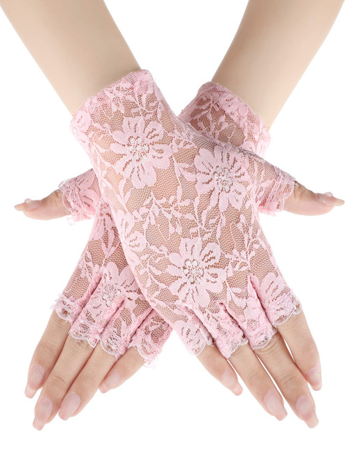 Skylety Sunblock Fingerless Bridal Lace Gloves Women Short Floral Gloves for Wedding Opera Tea Party(Pink)