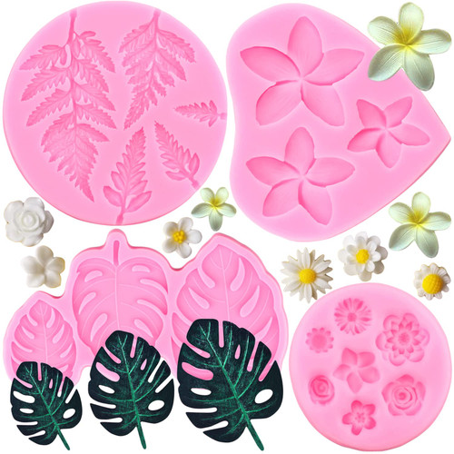 Mujiang Tropical Leaf Silicone Molds Plumeria Flower Fondant Mold Fern Leaves Candy Molds For Cake Decorating Cupcake Topper Chocolate Polymer Clay Gum Paste Set Of 4