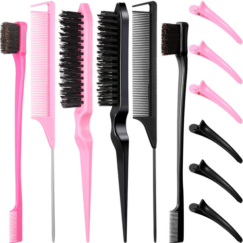 12 Pieces Hair Brush Set, Nylon Teasing Hair Brushes 3 Row Salon Teasing Brush, Double Sided Hair Edge Brush Smooth Comb Grooming, Rat Tail Combs with Duckbill Clips for Women Girls (Black, Pink)