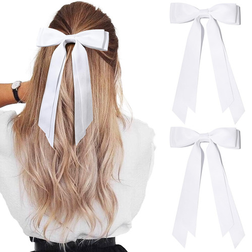 2PCS Silky Satin Hair Bows Hair Clip White Hair Ribbon Ponytail Holder Accessories Slides Metal Clips Hair Bow for Women Girls Toddlers Teens Kids