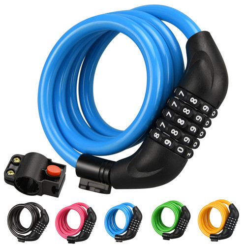 Bike Lock Cable, 1/2/4 Pack 4ft Combination Bicycle Lock with Mounting Bracket, High Security 5 Digit Resettable Coiling Bicycle Lock, 5 Colors Anti Theft Cable Locks for Bike(1 Pack, Blue)