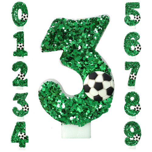 Soccer Happy Birthday Candles for Cake Decorating Supplies Unscented Number Candles Cake Topper Decorations Theme Party Green Glitter (Number 3)