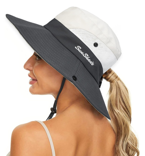 Women's Summer Sun-Hat Ponytail - UV-Protection Mesh Wide Brim Foldable Hat with Ponytail Hole Beige Grey