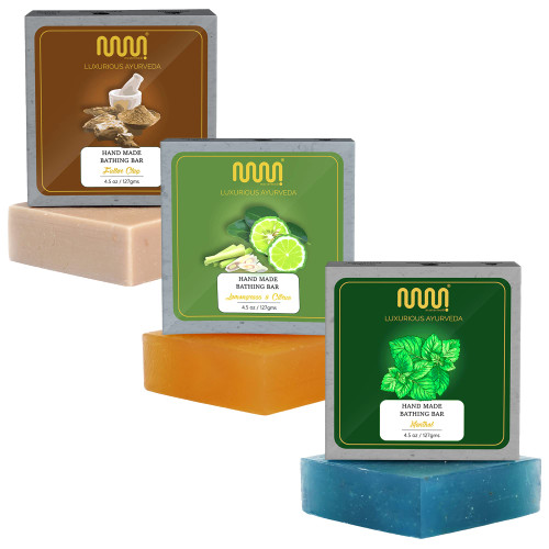 mastermedi All Natural Soap Bar Lemongrass & Citrus|Fuller Clay|Menthol, Softer & Smoother Skin, Handmade Organic Soap & Natural Flavors, Women & Men's Bar Soap, Pack 3