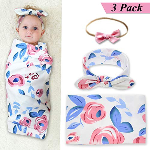 Newborn Receiving Blankets Baby Swaddle Blanket and Bow Headband Set Baby Shower Gift (Blue)