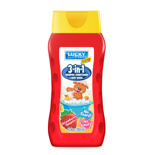 Lucky Super Soft Kids 3 In 1 Shampoo with Detangle Conditioner Body Wash, Strawberry Smarts, 12 Ounce
