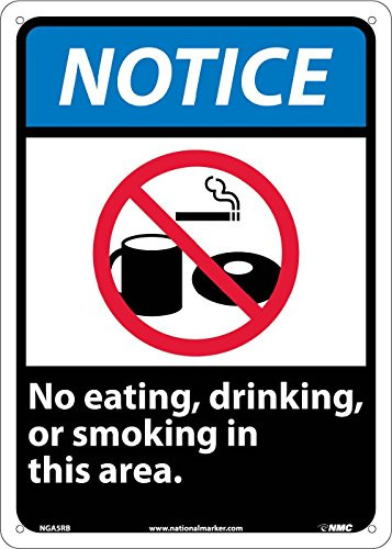 NMC NGA5RB Notice -No Eating, Drinking, or Smoking in This Area. -10 in. 14 in. Plastic Notice Sign with Graphic, White Text on Blue/Black Base