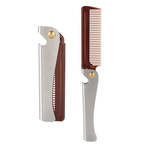 Gavigain Foldable Beard Comb Stainless Steel Round Comb Teeth Beard Comb Folding Pocket Moustache Shaping Comb