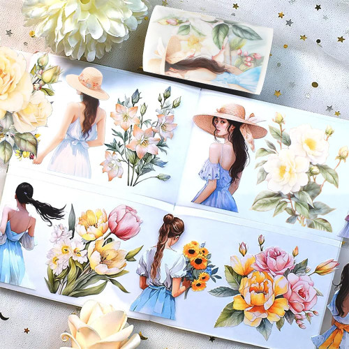 IPEWOEF 1Roll Girl Flower Washi Tape Stickers Floral Washi Tapes Washy Tape Pet Tape Journaling Decorative Tape