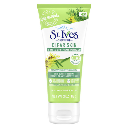 St. Ives Clear Skin Lotion - 3-in-1 SPF 25 Face Moisturizer for Acne Prone, Oily, or Combo Skin, Lightweight Sheer Daily Face Lotion with Tea Tree Extract & Witch Hazel, 3 Fl Oz