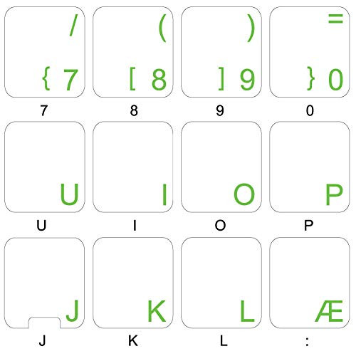 4Keyboard Danish Keyboard Stickers with Green Lettering ON Transparent Background