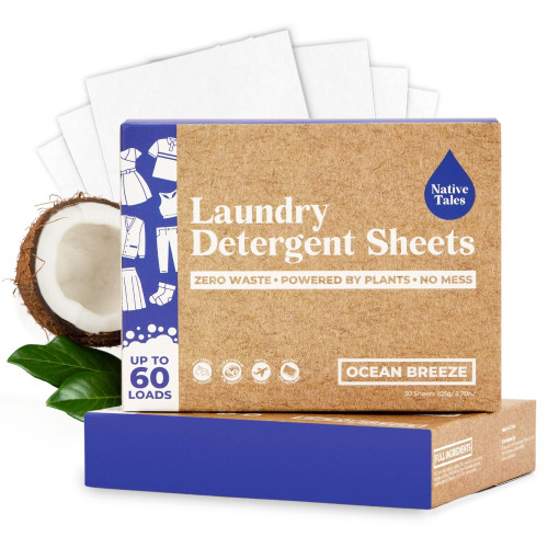 Detergent Sheets Nativ Tales, Laundry Detergent Sheets Ocean Breeze Scent in Nature Ingredient for Sensitive Skin, Zero Plastic and Compact Laundry Sheets Detergent Eco Friendly- 60 Loads
