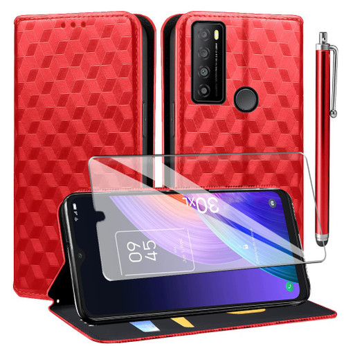 for TCL 30 XL Case, for TCL 30 XL Wallet Case with Tempered Glass Screen Protector with Card Holder Kickstand Magnetic,PU Leather Flip Case for TCL 30 XL (T701DL) (Red)