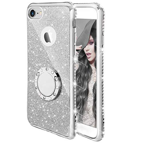 Compatible Apple iPhone 7 iPhone 8 Case, ANERNAI Glitter Cute Girls Women Kickstand Bling Diamond Rhinestone Bumper Ring Stand Protective Durable TPU Cover (Silver)