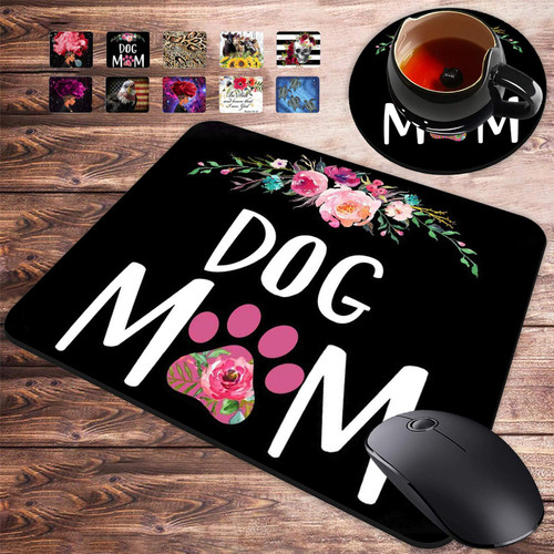 Gaming Mouse Pad and Coasters Set, Dog Mom Floral Design Mousepad, Non-Slip Rubber Rectangle Mouse Pad, Customized Mouse Mat for Working and Gaming