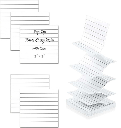 (6 Pack 600pcs) White Sticky Notes with Lines,Pop Up Sticky Note Pads 3x3 with Lines, 3x3 Refill Accordian Sticky Notes,Easy to Post Sticky Notes with Lines,Self-Stick Pads(White)