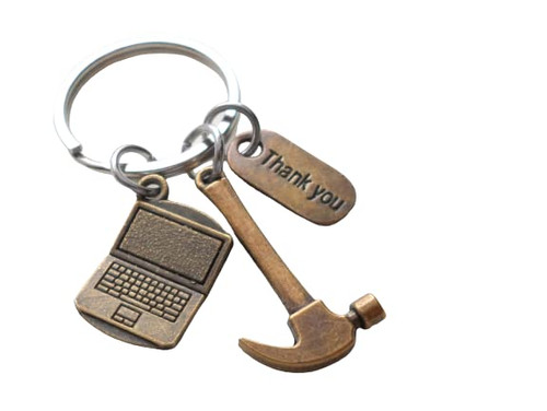 Builders, Construction Team, Contractor Keychain, Employee Thank You Keychain, Bronze Hammer, Computer Laptop & Thank You Charm Keychain