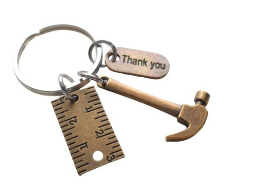 Builders, Construction Team, Contractor Keychain, Employee Thank You Keychain, Bronze Hammer, Ruler & Thank You Charm Keychain