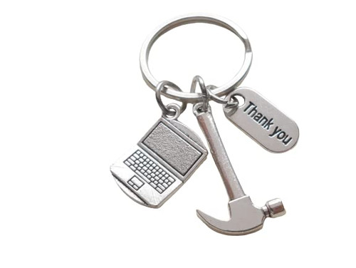 Builders, Construction Team, Contractor Keychain, Employee Thank You Keychain, Hammer, Computer Laptop & Thank You Charm Keychain