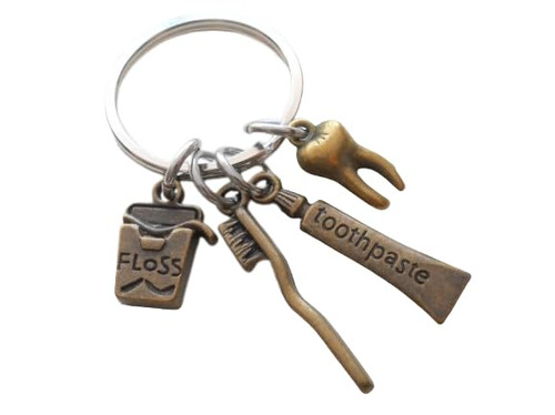 Dental Assistant Keychain with Bronze Tooth Charm, Toothbrush, Toothpaste, and Floss Charm, Employee Thank You Keychain