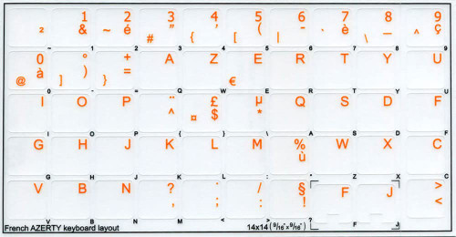 French AZERTY Keyboard Labels ON Transparent Background with Orange Lettering (14X14)