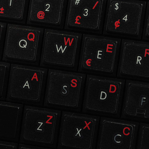 French QWERTY Keyboard Decals ON Transparent Background with Blue, Orange, RED, White OR Yellow Lettering (14X14) (Red)