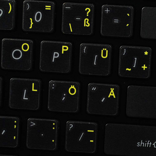 4Keyboard German Keyboard Labels ON Transparent Background with Yellow Lettering (14X14) 4Keyboard German Keyboard Labels ON Transparent Background with Yellow Lettering (14X14)
