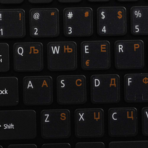 Serbian Keyboard Labels Layout ON Transparent Background with Blue, Orange, RED, White OR Yellow Lettering (14X14) (Orange)