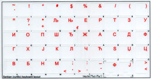 Serbian Keyboard Labels Layout ON Transparent Background with Blue, Orange, RED, White OR Yellow Lettering (14X14) (Red)