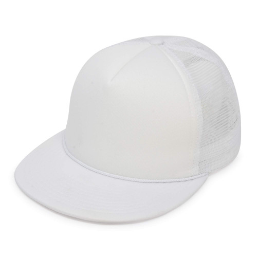 Flat Billed Trucker Cap with Mesh Back in White
