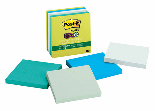 Post-it Recycled Super Sticky Notes, 2x Sticking Power, 3 in x 3 in, Bora Bora Collection, 6 Pads/Pack (654-SST)
