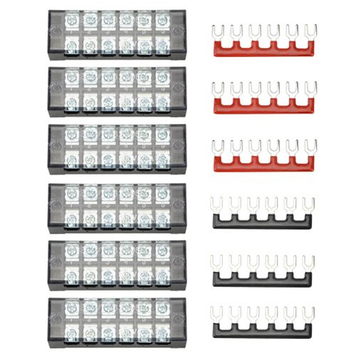 XLX 12pcs (6 Set) 600V 25A 6 Positions Double Row Screw Terminal Strip and 400V 25A 6 Positions Red/Black Pre-Insulated Terminal Barrier Strip