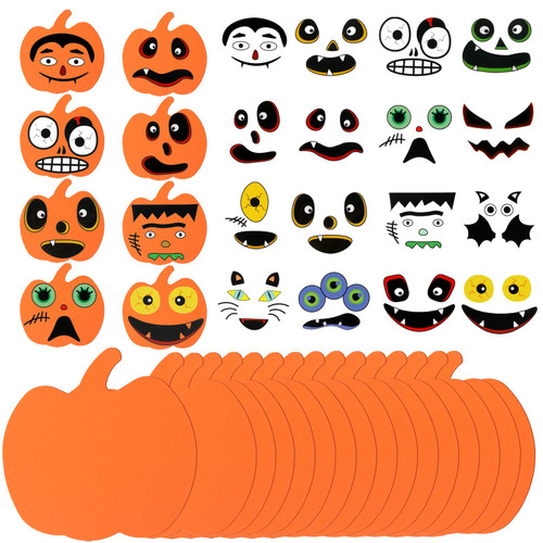 Lucleag Pack of 16 Halloween Foam Pumpkin and Self-Adhesive Funny Face Sticker Craft Kit, Great Fun Halloween Home Activities Decorating Craft DIY Kit for Kids