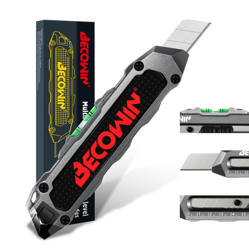 BECOWIN Multipurpose Utility Knife with Level and Ruler, Heavy Duty Metal Retractable Box Cutter Knife, 18MM SK5 Blade, Safety Lock Design for Measuring, Cutting Cartons, Cardboards and Boxes