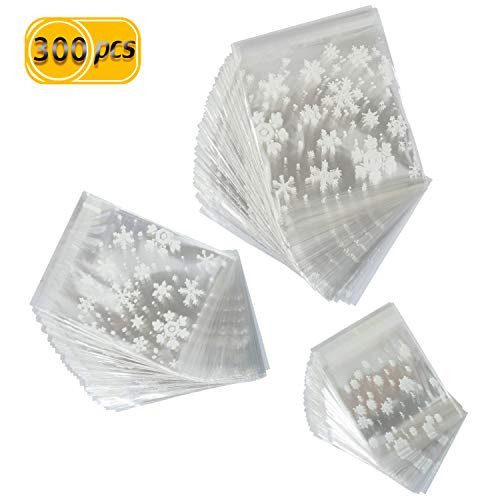 PRALB 300PCS Christmas Cookie Bags, Resealable OPP Plastic Cellophane Cookie Bakery Candy Treat Gift Bags White Snowflake Plastic Party Bags Self Adhesive Candy Treat Bakery Bags For Christmas Holiday